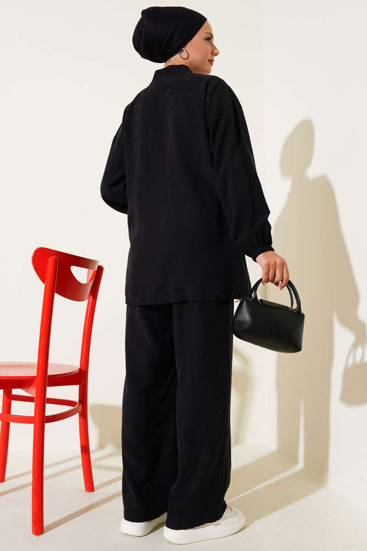 Elasticated Ankle Zippered Tencel Two Piece Set Black