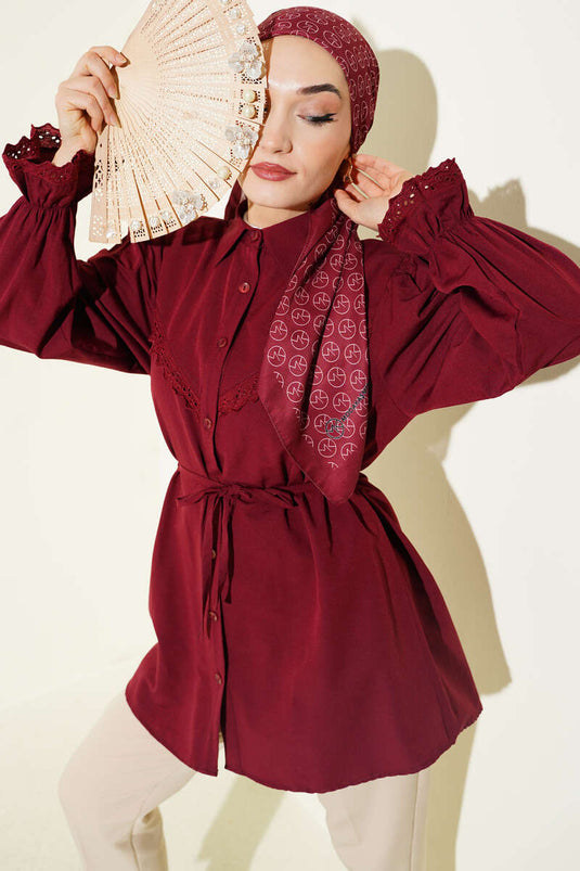 Bluse mit Spitzenbesatz und elastischem Handgelenk, Bordeaux