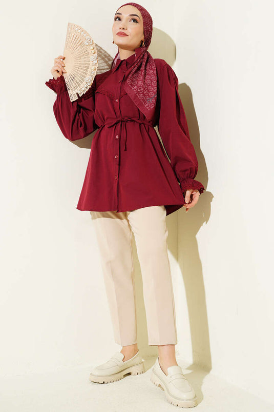 Bluse mit Spitzenbesatz und elastischem Handgelenk, Bordeaux