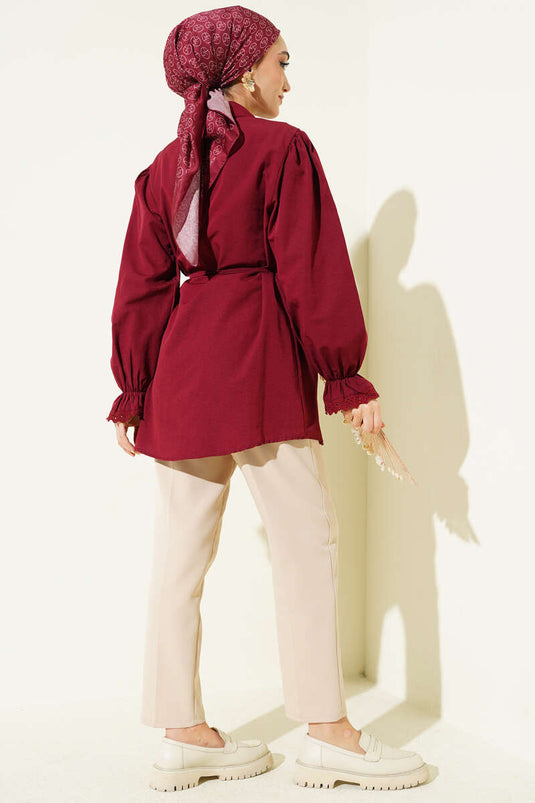 Bluse mit Spitzenbesatz und elastischem Handgelenk, Bordeaux