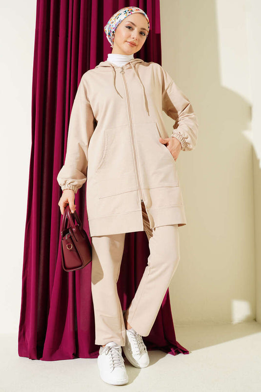 Beige Two-Piece Set with Hood and Wrist Elastic