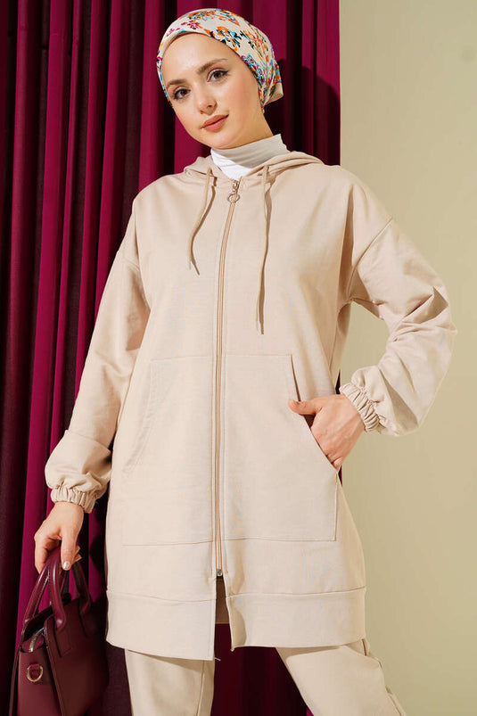 Beige Two-Piece Set with Hood and Wrist Elastic