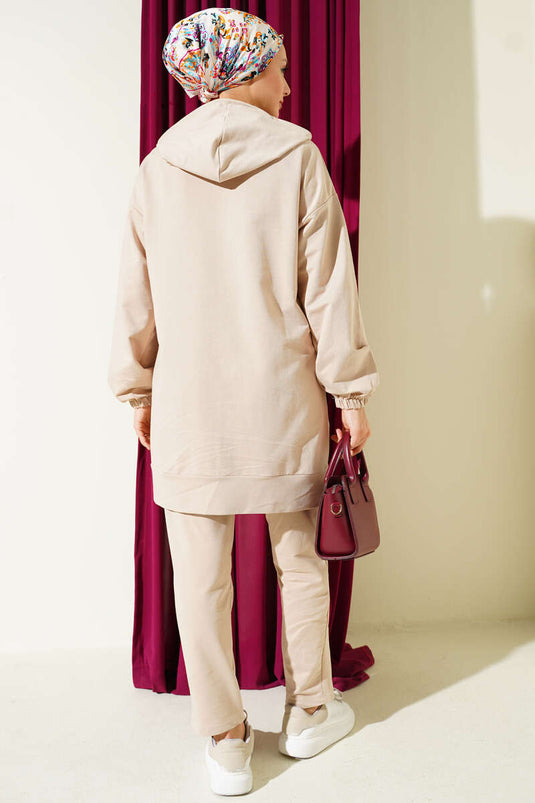 Beige Two-Piece Set with Hood and Wrist Elastic