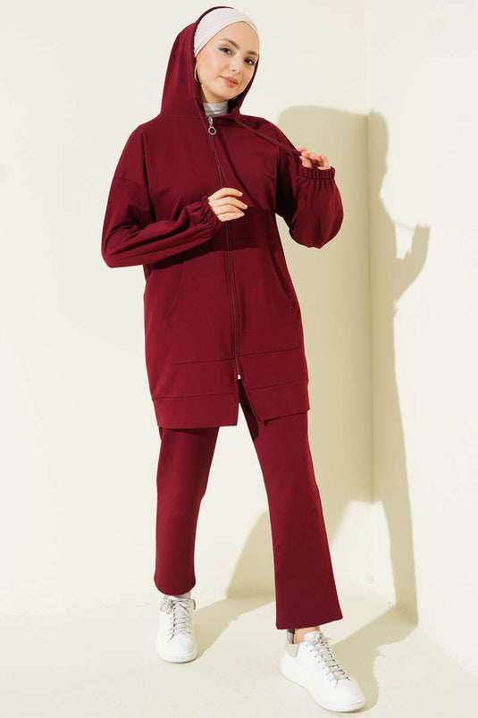 Maroon Two-Piece Set with Hood and Wrist Elastic