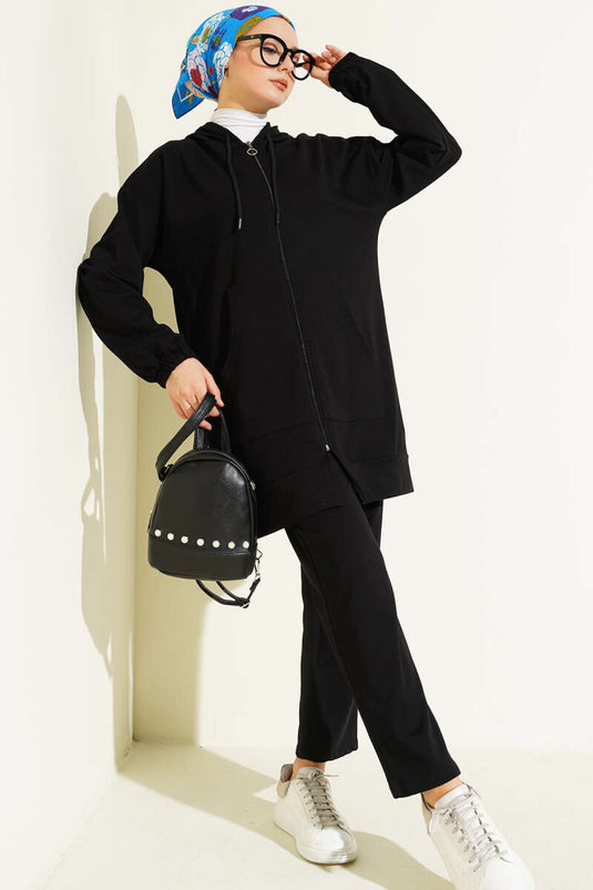 Black Two-Piece Set with Hood and Wrist Elastic