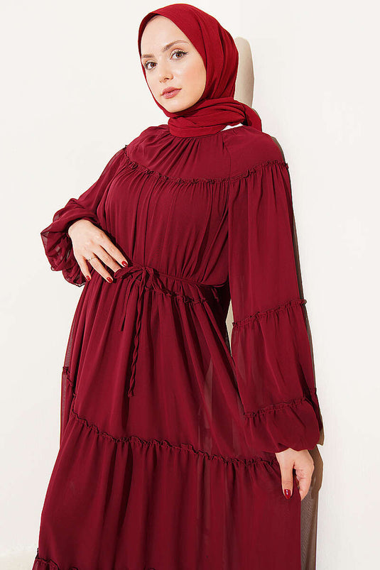 Robe en chiffon plissée à manches élastiquées bordeaux