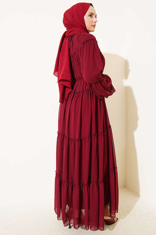 Robe en chiffon plissée à manches élastiquées bordeaux
