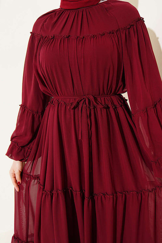 Robe en chiffon plissée à manches élastiquées bordeaux