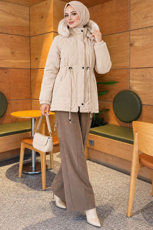Beige Fur-Trimmed Jacket With Elasticated Cuffs