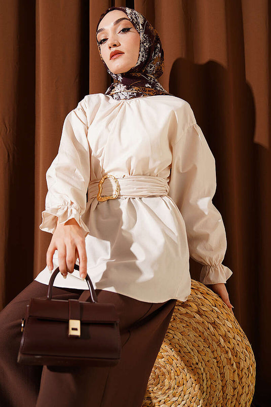 Tunique en popeline beige avec ceinture et poignets élastiqués