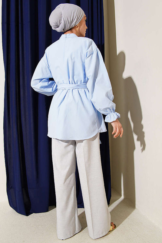 Poplin Tunic with Wrist Elastic and Belt Blue