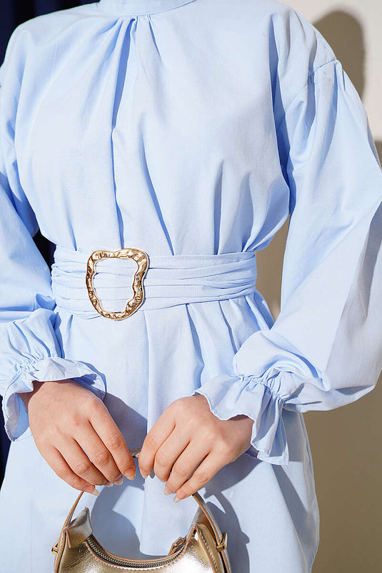 Poplin-Tunika mit elastischem Bund und Gürtel, Blau