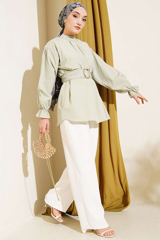 Poplin Tunic with Wrist Elastic and Belt in Mint