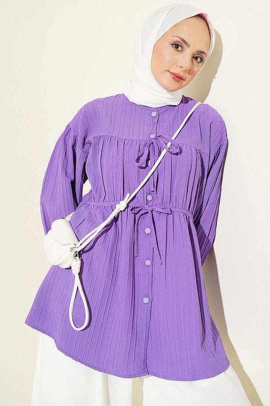Lilac Sleeve-Elastic Front Tie Shirt
