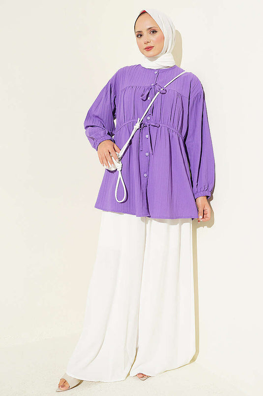 Lilac Sleeve-Elastic Front Tie Shirt
