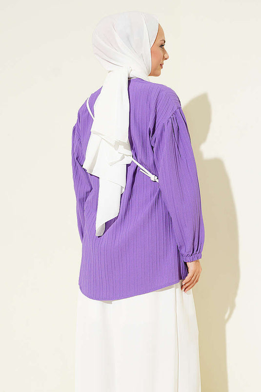 Lilac Sleeve-Elastic Front Tie Shirt