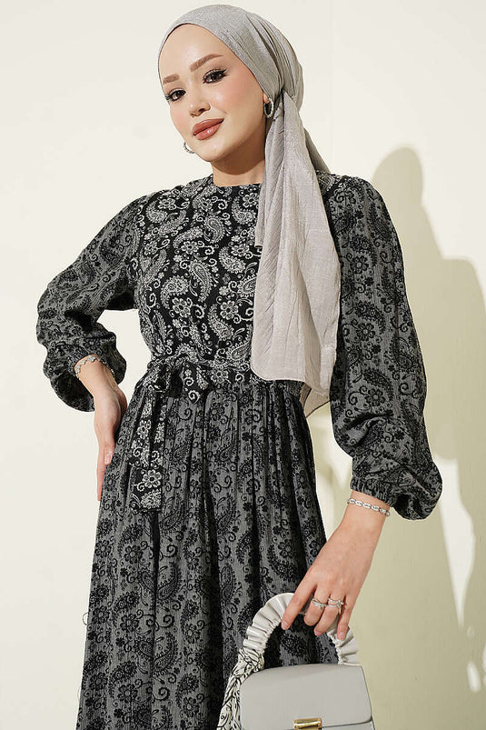 Robe Longue Ajustée À Motifs Gris Fumée