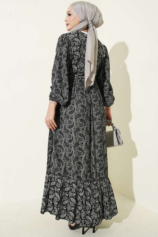 Robe Longue Ajustée À Motifs Gris Fumée