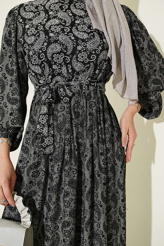 Robe Longue Ajustée À Motifs Gris Fumée