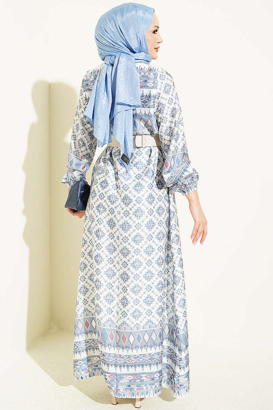 Blue Ethnic Patterned Dress With Elasticated Cuffs