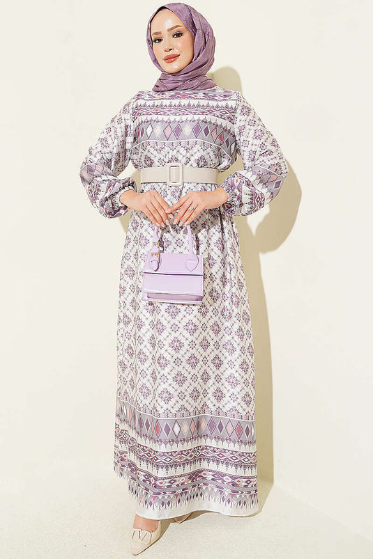 Lila Ethnisch Gemustertes Kleid Mit Elastischer Taille