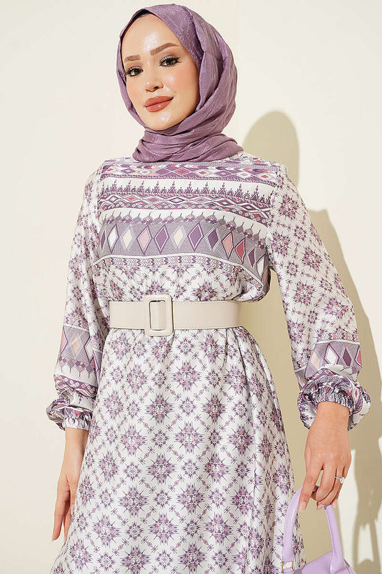 Lila Ethnisch Gemustertes Kleid Mit Elastischer Taille