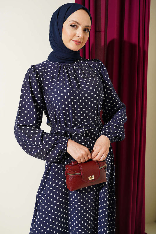 Robe à pois avec ceinture élastique aux poignets bleu marine
