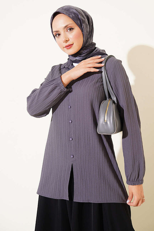 Fitted Cuffed Top With Buttoned Shirt In Smoke Grey