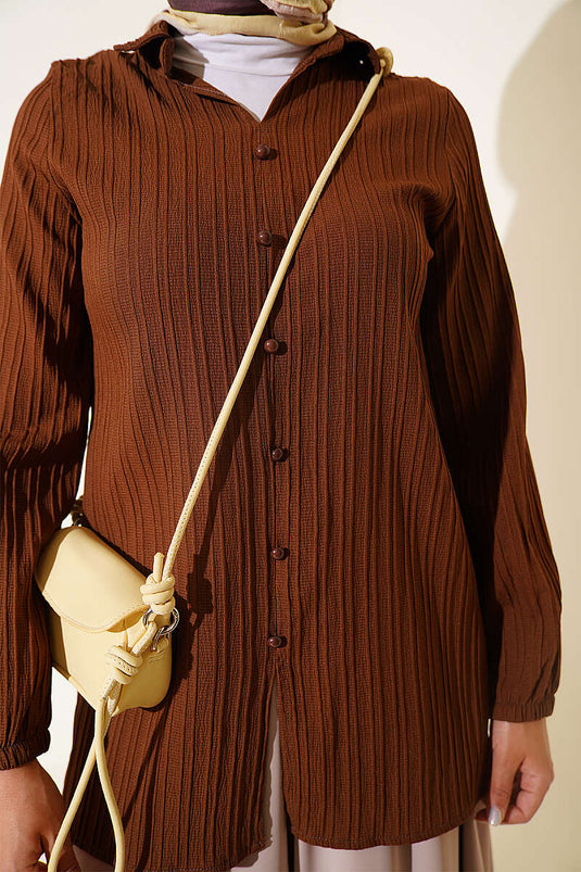 Brown Sleeve-Elastic Top With Buttoned Shirt