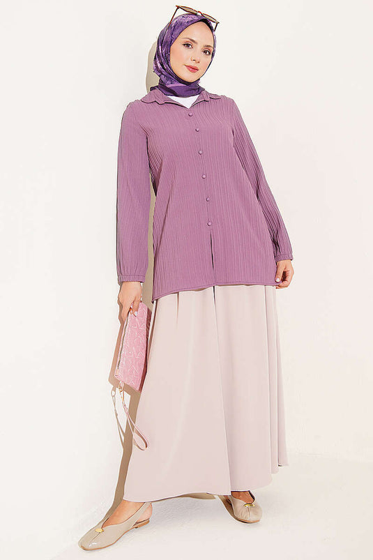 Lilac Sleeve-Elastic Top With Buttoned Shirt