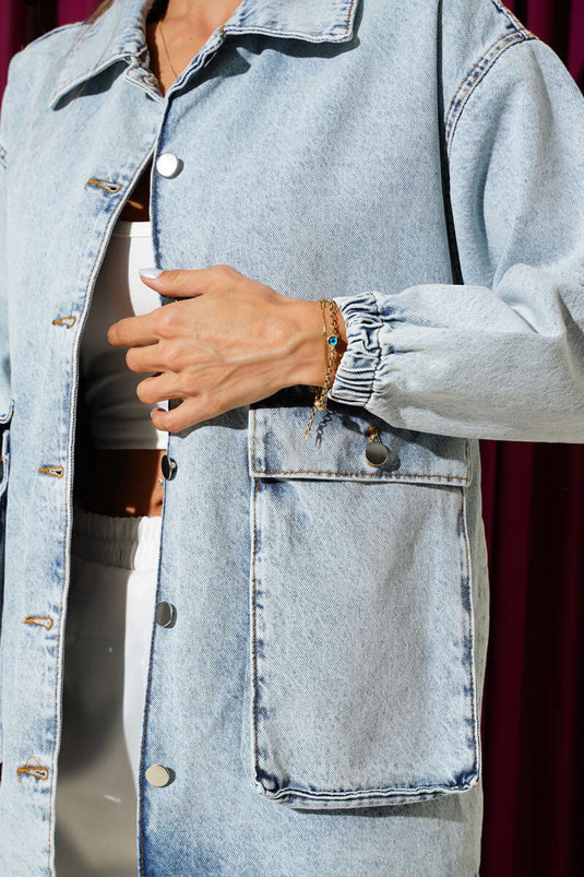 Bilek Lastikli Torba Cep Kot Ceket Buz Mavisi