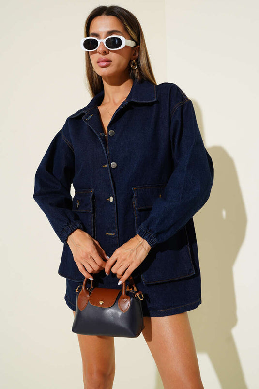 Giacca Di Jeans Blu Scuro Con Tasca A Sacchetto E Polsino Elasticizzato