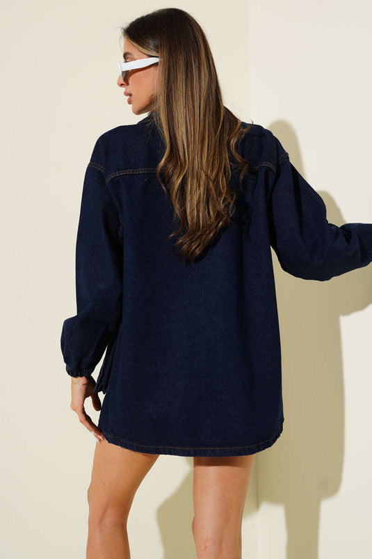 Giacca Di Jeans Blu Scuro Con Tasca A Sacchetto E Polsino Elasticizzato