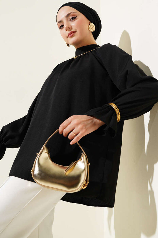 Tunique plissée noire à col élastique et cheville