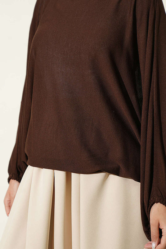 Kaffeeribbed Batwing-Ärmeln Bluse Mit Bündchen