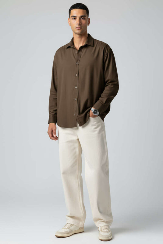 قميص رجالي بتفاصيل عند الكاحل، بني