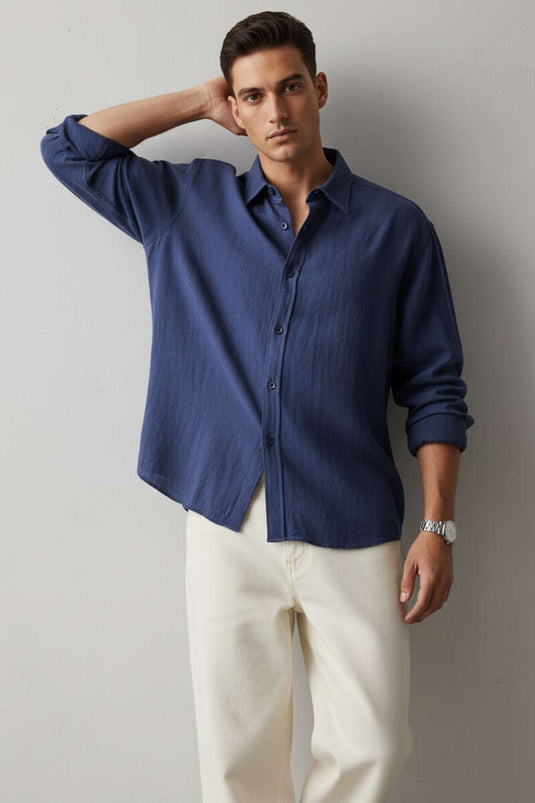 قميص رجالي بتفاصيل عند الكاحل، أزرق داكن