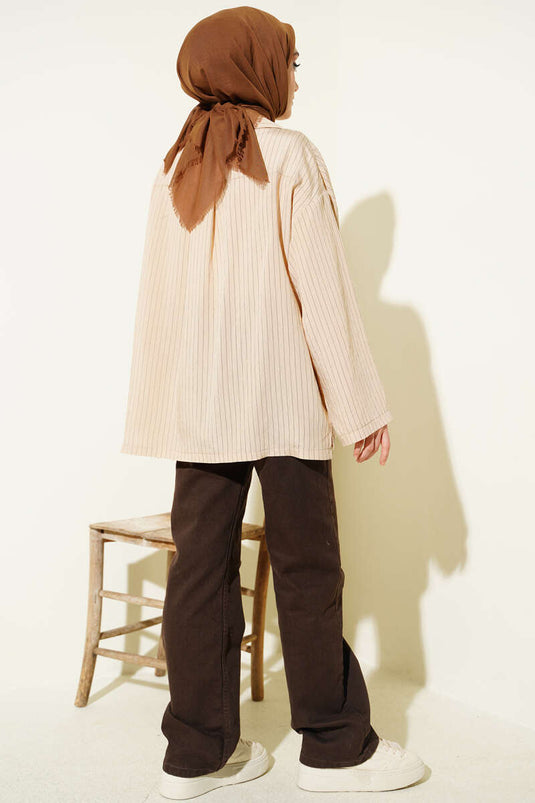 Beige Thin Striped Shirt Without Cuffs
