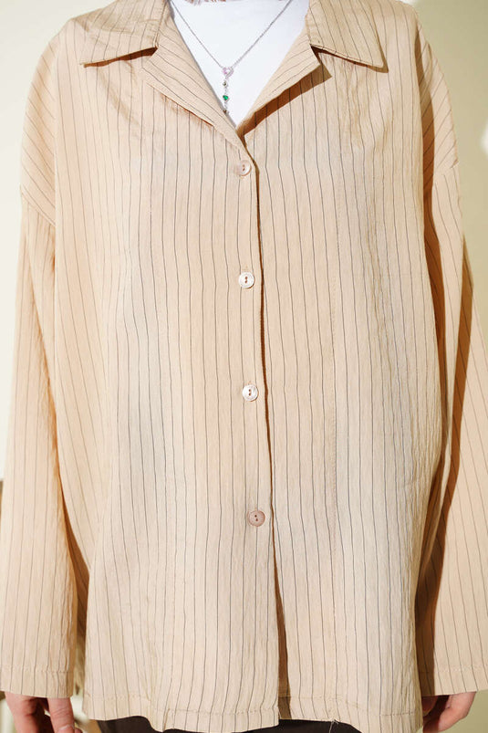Beige Thin Striped Shirt Without Cuffs