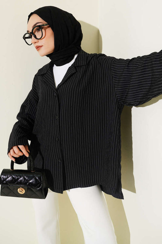 Black Thin Striped Shirt Without Cuff