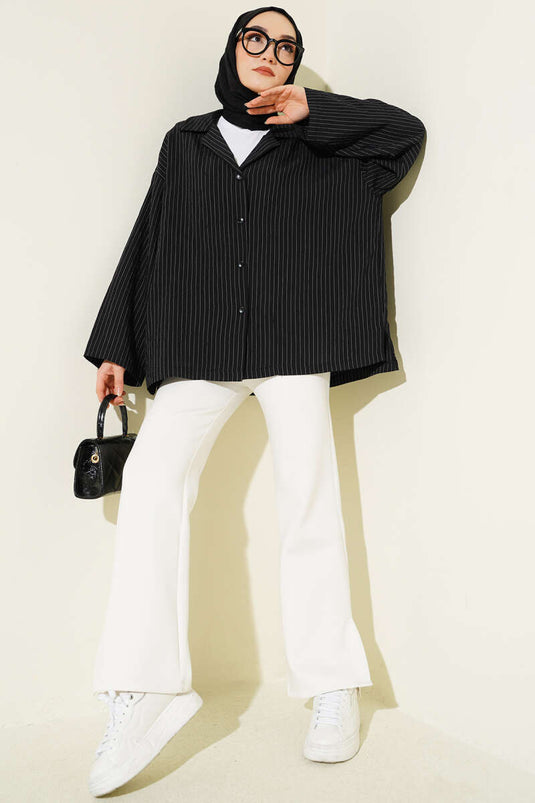 Black Thin Striped Shirt Without Cuff