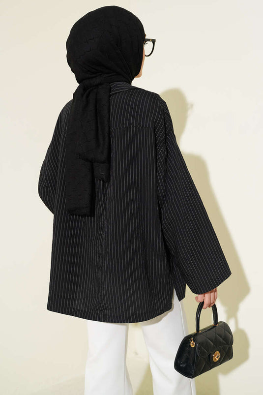 Black Thin Striped Shirt Without Cuff