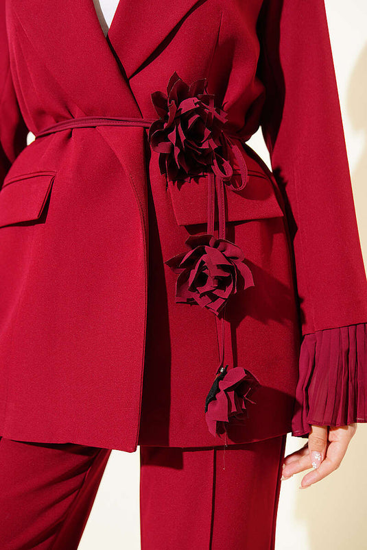 Bilek Pileli Çiçek Broşlu Blazer Takım Bordo