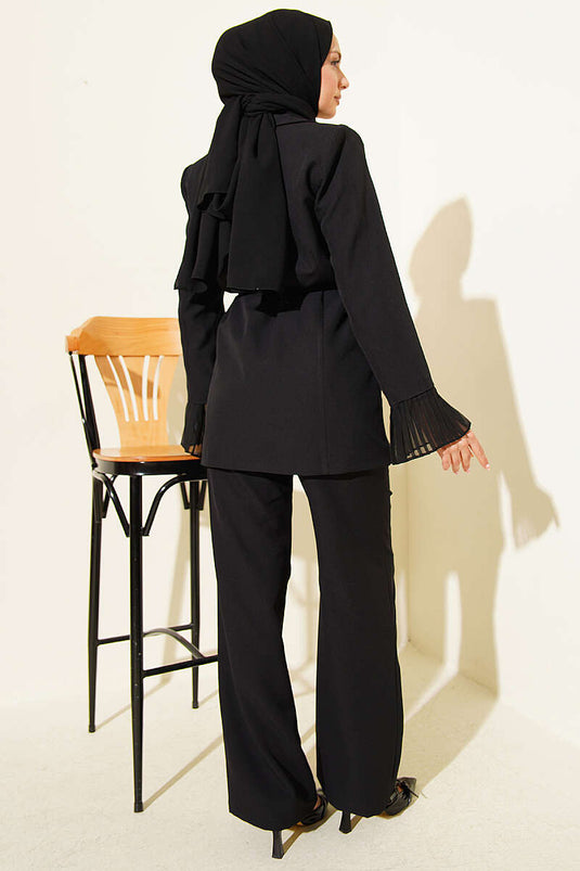 Ensemble blazer plissé à fleurs avec broche, noir