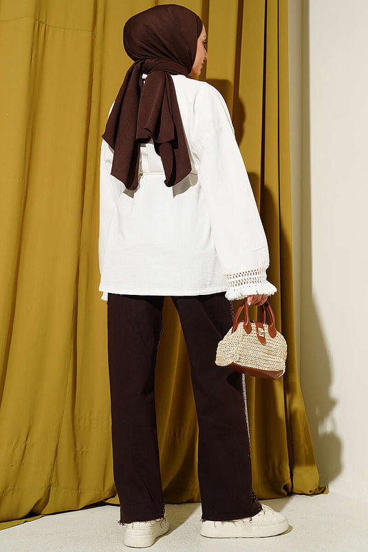 Kimono en lin écru avec franges aux poignets