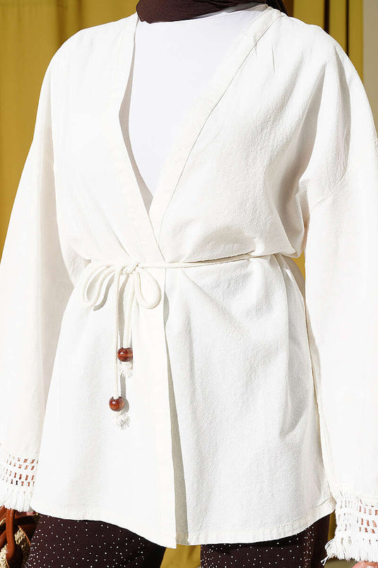 Kimono en lin écru avec franges aux poignets