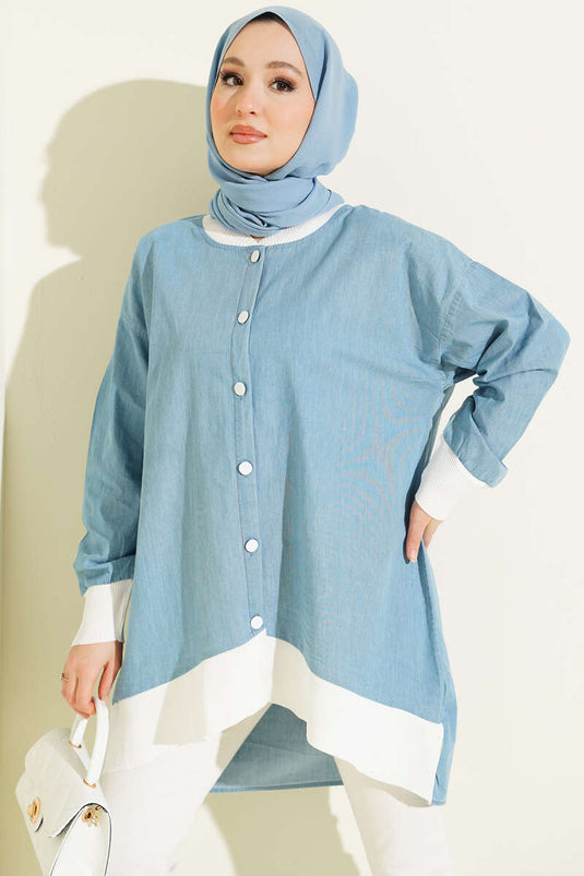 Blaues Jeans-Knopf-Tunika Mit Rippärmeln