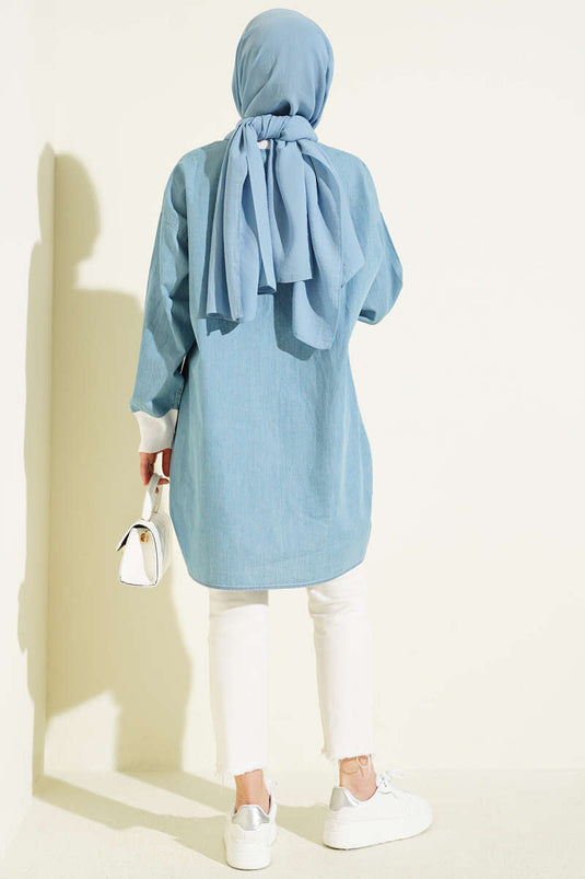 Blaues Jeans-Knopf-Tunika Mit Rippärmeln