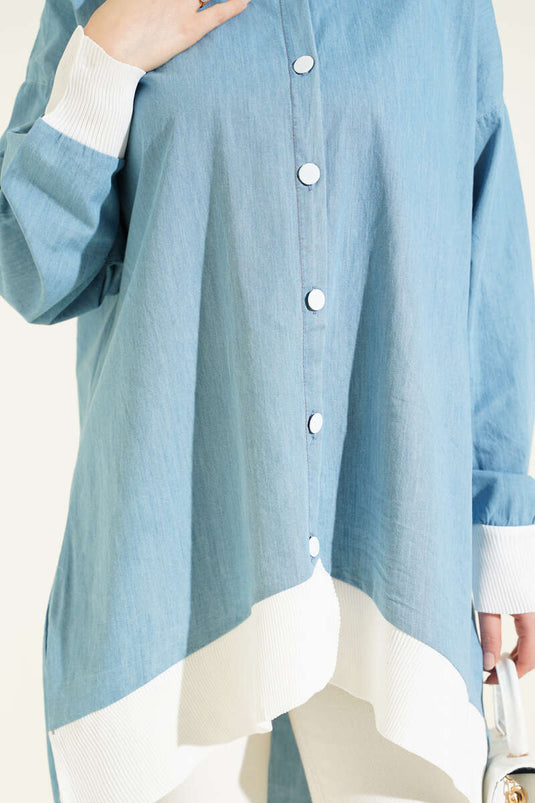 Blaues Jeans-Knopf-Tunika Mit Rippärmeln