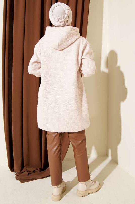 Boucle Cardigan with Ribbed Ankles and Zipper, Beige
